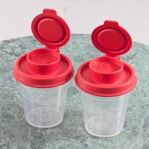 Tupperware Tupper Mini Midget Salt and Pepper shakers 2oz, set of 2 red lids